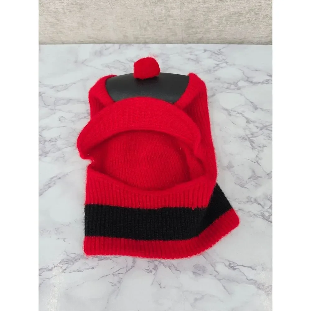 Vintage Red Knit Pom Pom Hat with Black Stripe 60s 70s Infant or Toddler